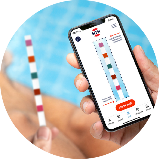 woman scanning hth pool test strips with hth test to swim app to learn which pool chemicals she needs