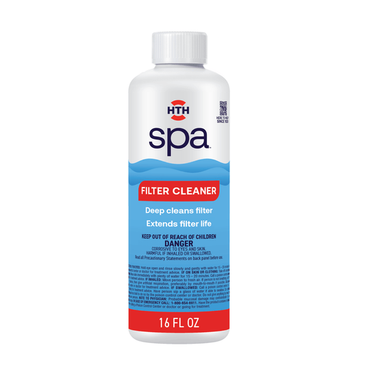 A 16 oz plastic bottle of HTH Spa hot tub filter cleaner for spa treatment