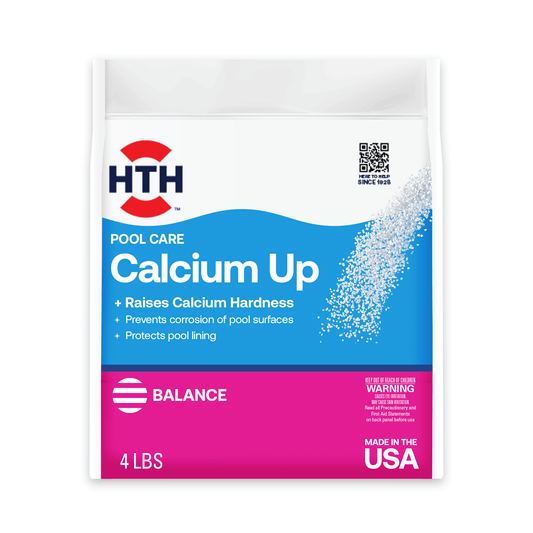 A bag of HTH Pools Calcium Up chemical treatment for pools
