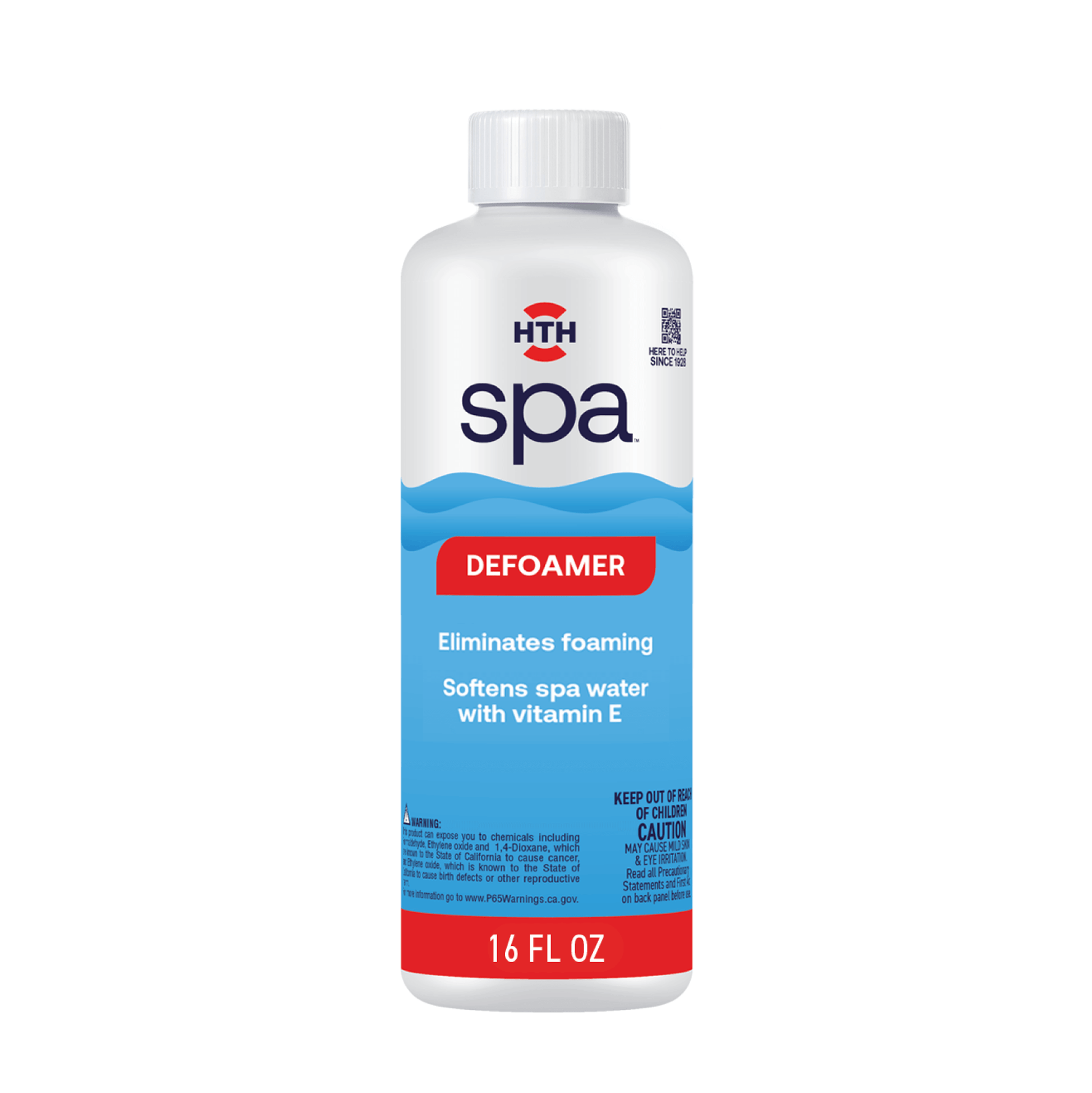 A 16 oz plastic bottle of HTH Spa hot tub defoamer for spa treatment
