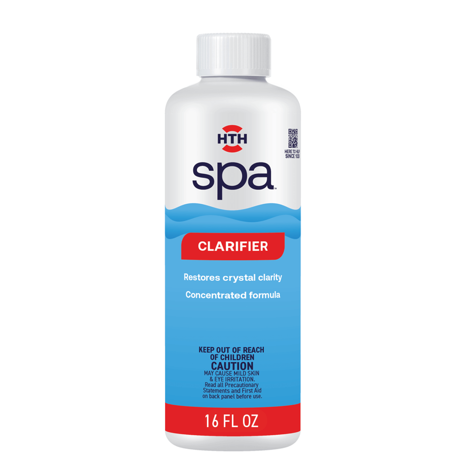 A 16 oz  plastic bottle of HTH spa care water clarifier for spa treatment