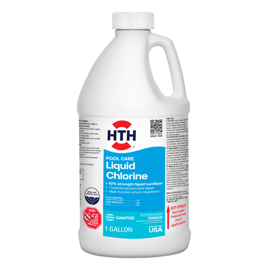 A 5lb plastic  container of HTH Pools liquid chlorine for pool treatments 