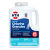 A 1 gallon plastic container of HTH Pools chlorine granules for pool treatments