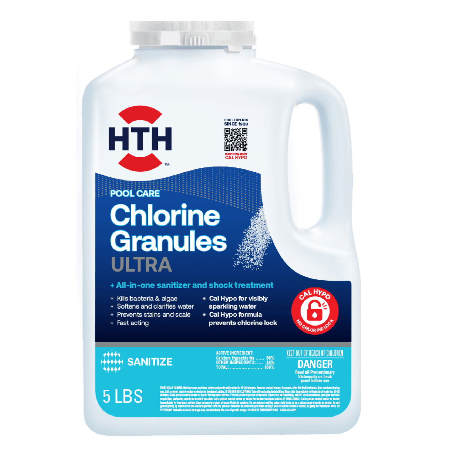 A 1 gallon plastic container of HTH Pools chlorine granules for pool treatments