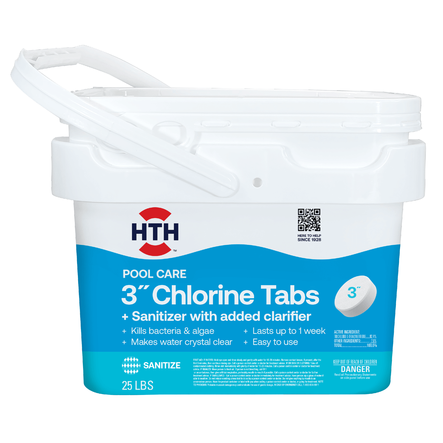 A 25lbs plastic bucket of HTH Pools three inch chlorine tablets for pool treatments