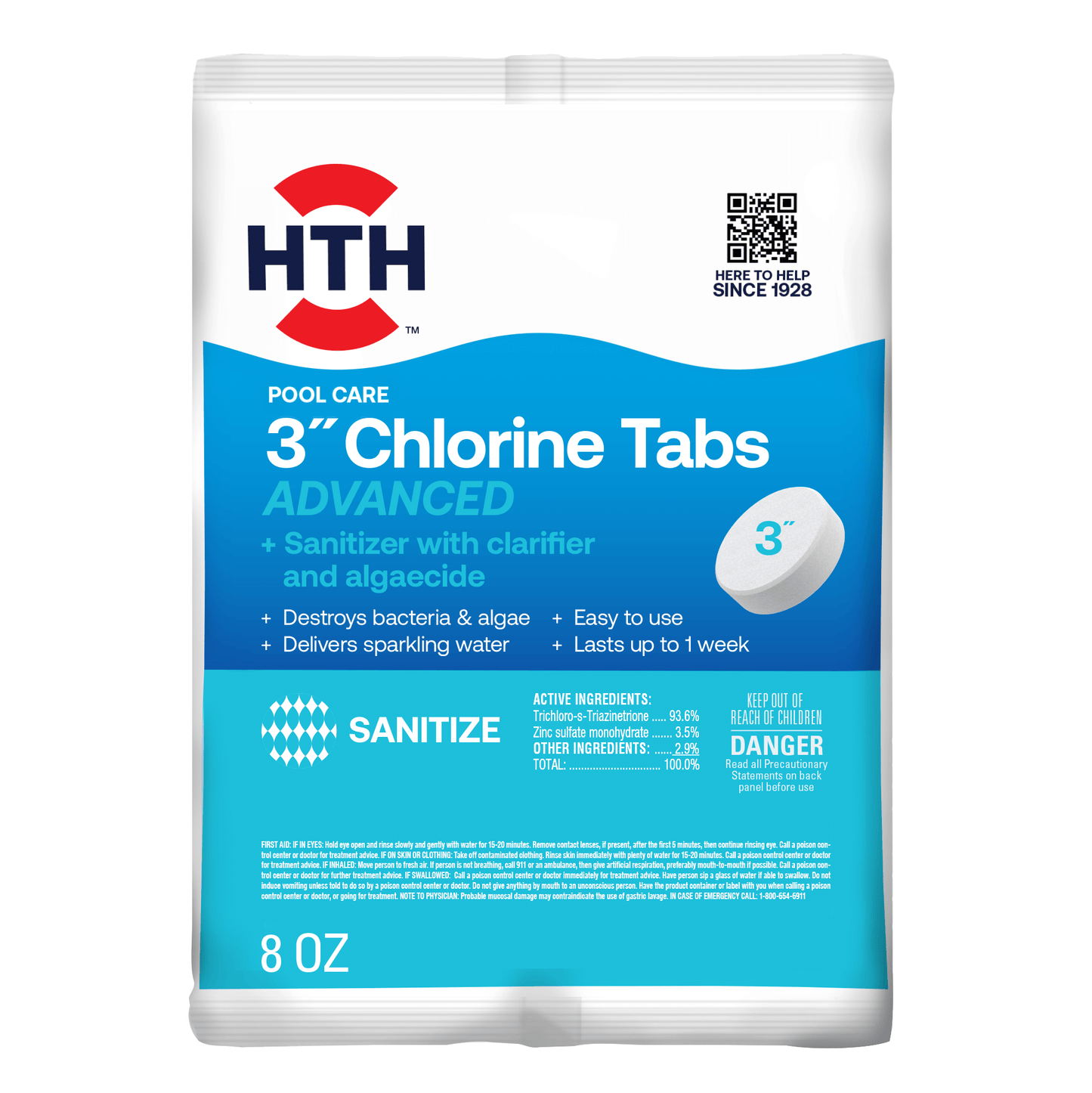 A bag of HTH Pools three inch chlorine tablets for pool treatments