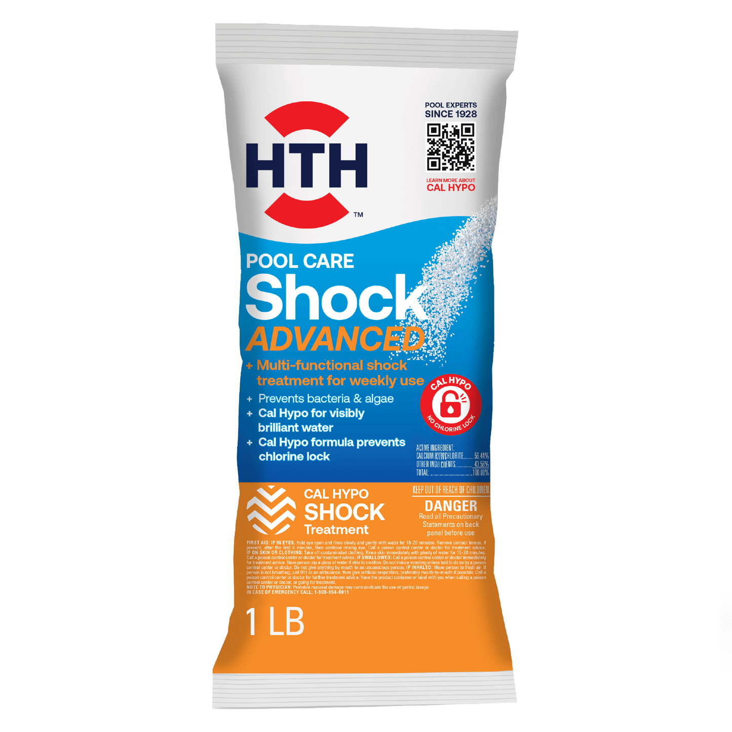 A bag of HTH Pools Shock Advanced for pool treatments