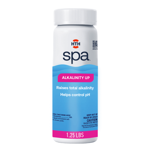 A 1.25lbs plastic bottle of HTH Spa care alkalinity up for hot tub treatment